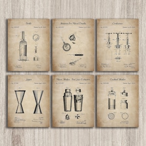 Vintage Cocktail Patent Wall Art, Set van 6, Bar Patent Poster, Drankenindustrie, Keuken Muur Decor, Barman Gift, INSTANT DOWNLOAD