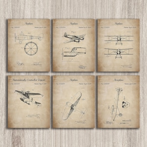 Set Of 6 Airplane Patent Poster,  Aviation print,  Airplane Wall Art, Vintage Airplane Decor, Gift For Pilot, INSTANT DOWNLOAD