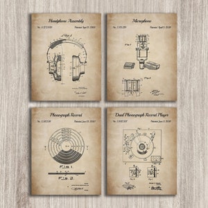 Vinyl Record Set Of 4 Patent Prints, Music Poster, Headphone Assembly, Turntable Patent, Musician Gift, INSTANT DOWNLOAD