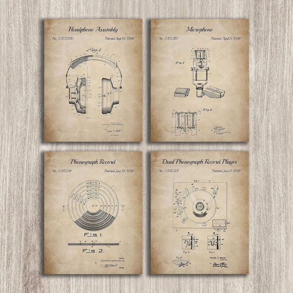 Vinyl Record Set Of 4 Patent Prints, Music Poster, Headphone Assembly, Turntable Patent, Musician Gift, INSTANT DOWNLOAD