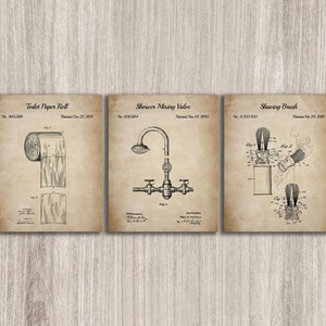 Set of 3 Vintage Bathroom Patent Print, Toilet Paper Roll, Shaving Brush, Shower Faucet, Toilet Decor Gifts, INSTANT DOWNLOAD
