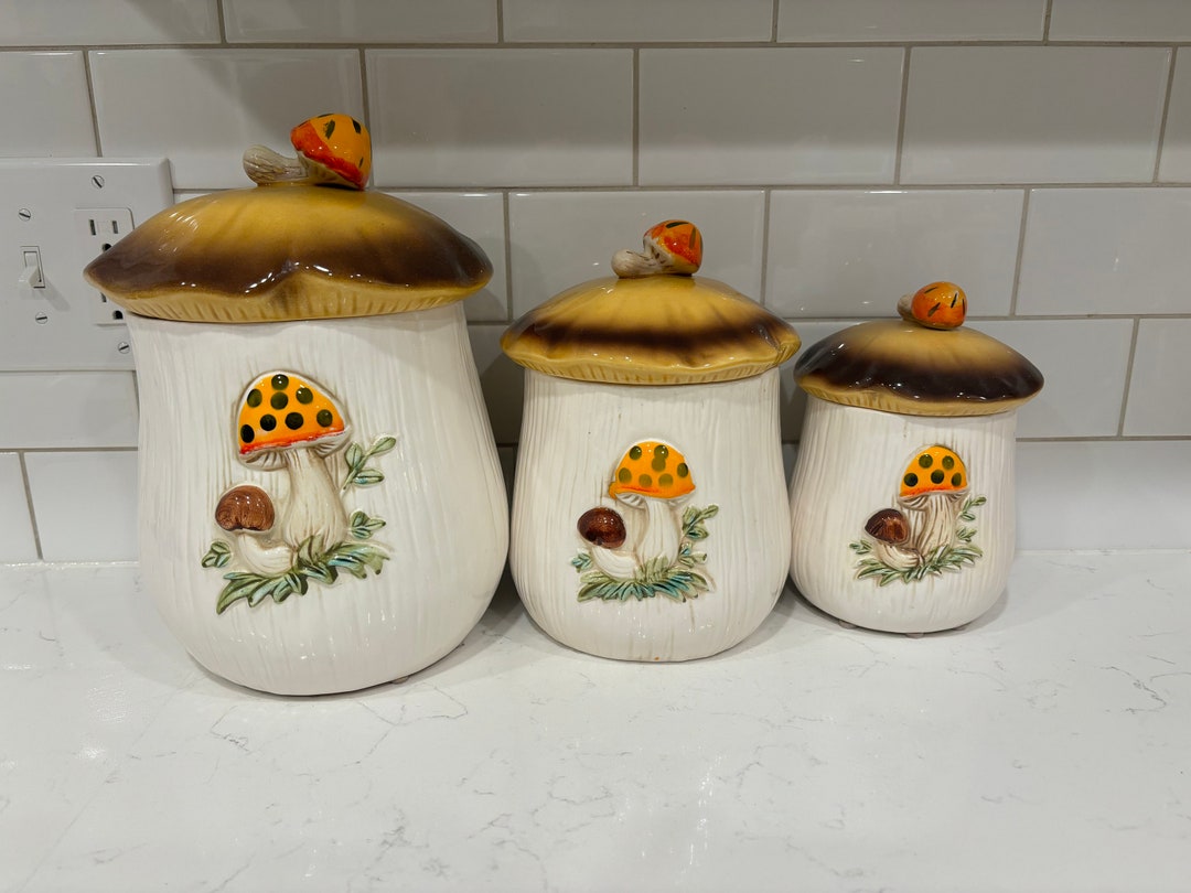 Vintage 1978 Sears and Roebuck Mushroom Canisters, Retro Canisters