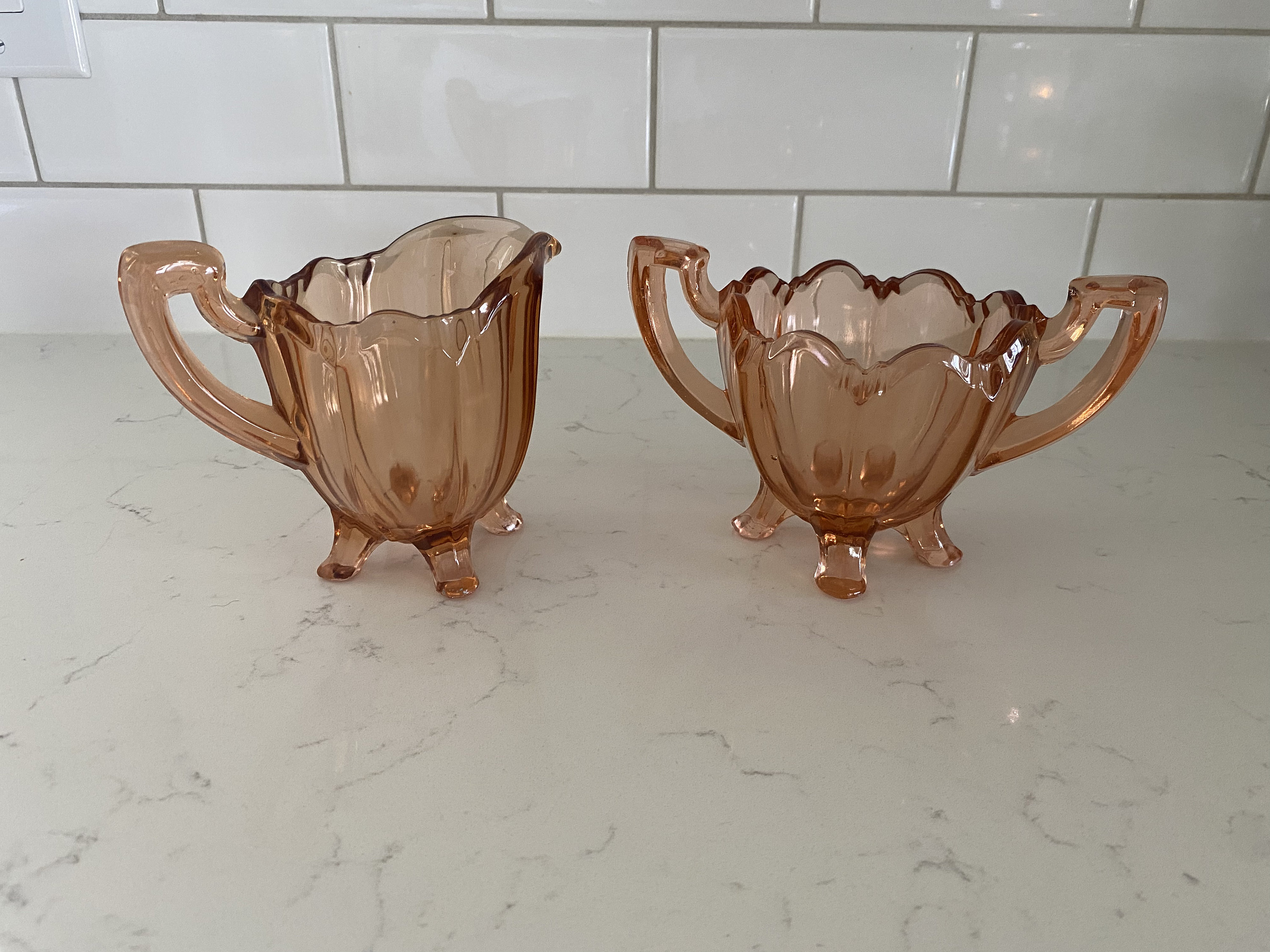 Pink Depression Glass Sugar and Creamer Glass, Thick Depression Glass