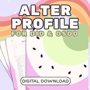 Op de afbeelding: Een digitale download met de titel "Alter Profile for DID & OSDD" met een watermeloen-thema achtergrond. Het ontwerp bevat profielvellen, een watermeloenpartje en de woorden "Digital Download" in een cirkelvormige banner.