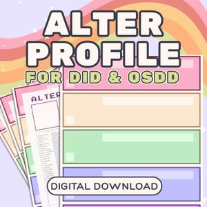 Puede incluir: Descarga digital de una plantilla "ALTER PROFILE" para DID y OSDD. El diseño incluye colores pastel, un fondo de arcoíris y las palabras "DIGITAL DOWNLOAD". La plantilla tiene secciones para rasgos y otra información.