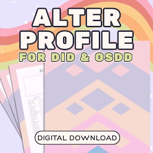 Könnte beinhalten: Ein digitaler Download mit dem Titel "ALTER PROFILE FOR DID & OSDD" mit einem pastellfarbenen Regenbogenhintergrund. Das Design umfasst geometrische Formen und ein Formular mit einer Liste von Eigenschaften. Die Worte "DIGITAL DOWNLOAD" sind ebenfalls sichtbar.