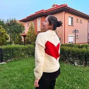 Handmade Heart Cardigan Heart Sweater Cream and Red Cardigan Gift For Her Christmas Gift Idea Valentines Gift image 1