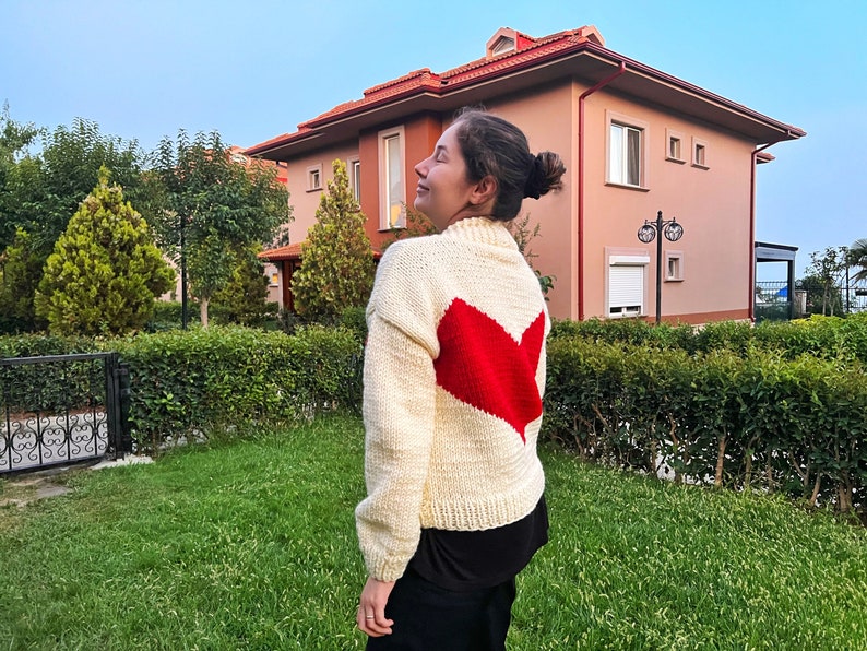 Handmade Heart Cardigan Heart Sweater Cream and Red Cardigan Gift For Her Christmas Gift Idea Valentines Gift image 1