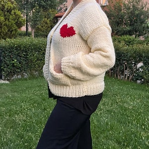 Handmade Heart Cardigan Heart Sweater Cream and Red Cardigan Gift For Her Christmas Gift Idea Valentines Gift image 3