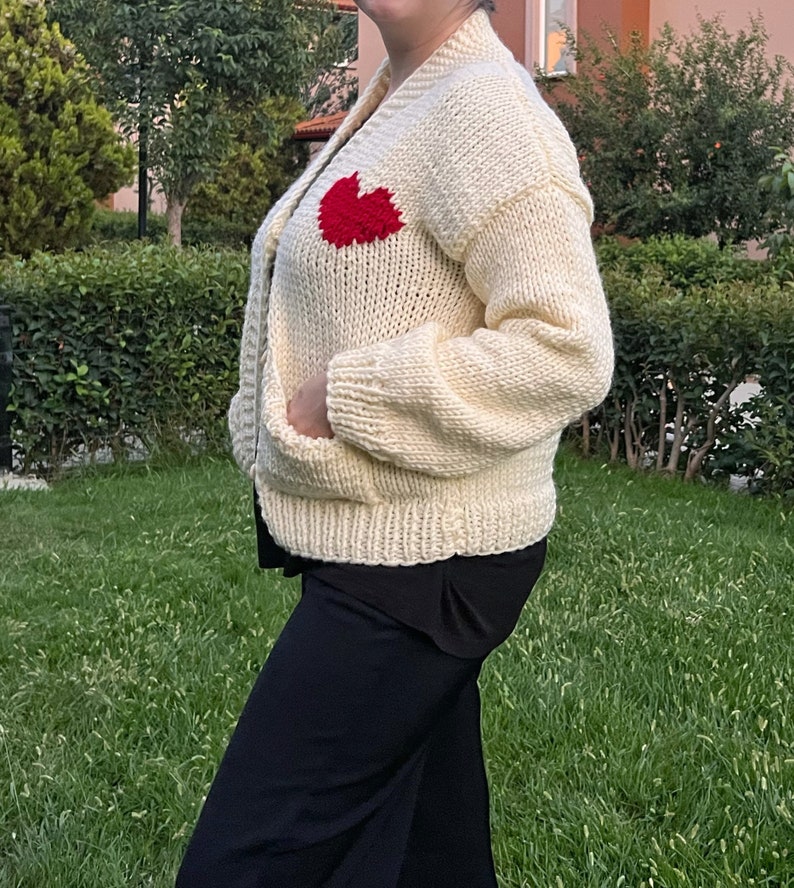 Handmade Heart Cardigan Heart Sweater Cream and Red Cardigan Gift For Her Christmas Gift Idea Valentines Gift image 3
