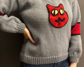 Marcelino Inspired Red Knit Sweater | Red and Gray Sweater | Adventure Time Sweater | Red Cat Sweater | Valentines Gift