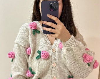 Handgjord Pink Rose Cardigan | Begie Cardigan | Chunky tröja | Rose Cardigan | Alla hjärtans present | Present till henne