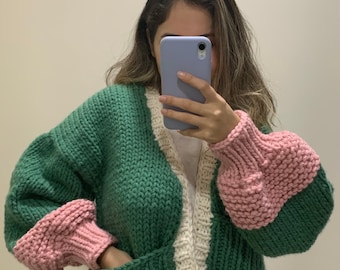 Green and Pink color Cardigan | Christmas Gift | Cardigan for Woman | Oversized Sweater | Gift For Her