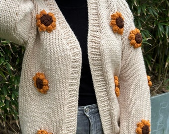 Sunflowers Cardigan | Beige Sunflower Sweater | Trend Cardigan | Birthday Gift | Mother’s Day Gifts