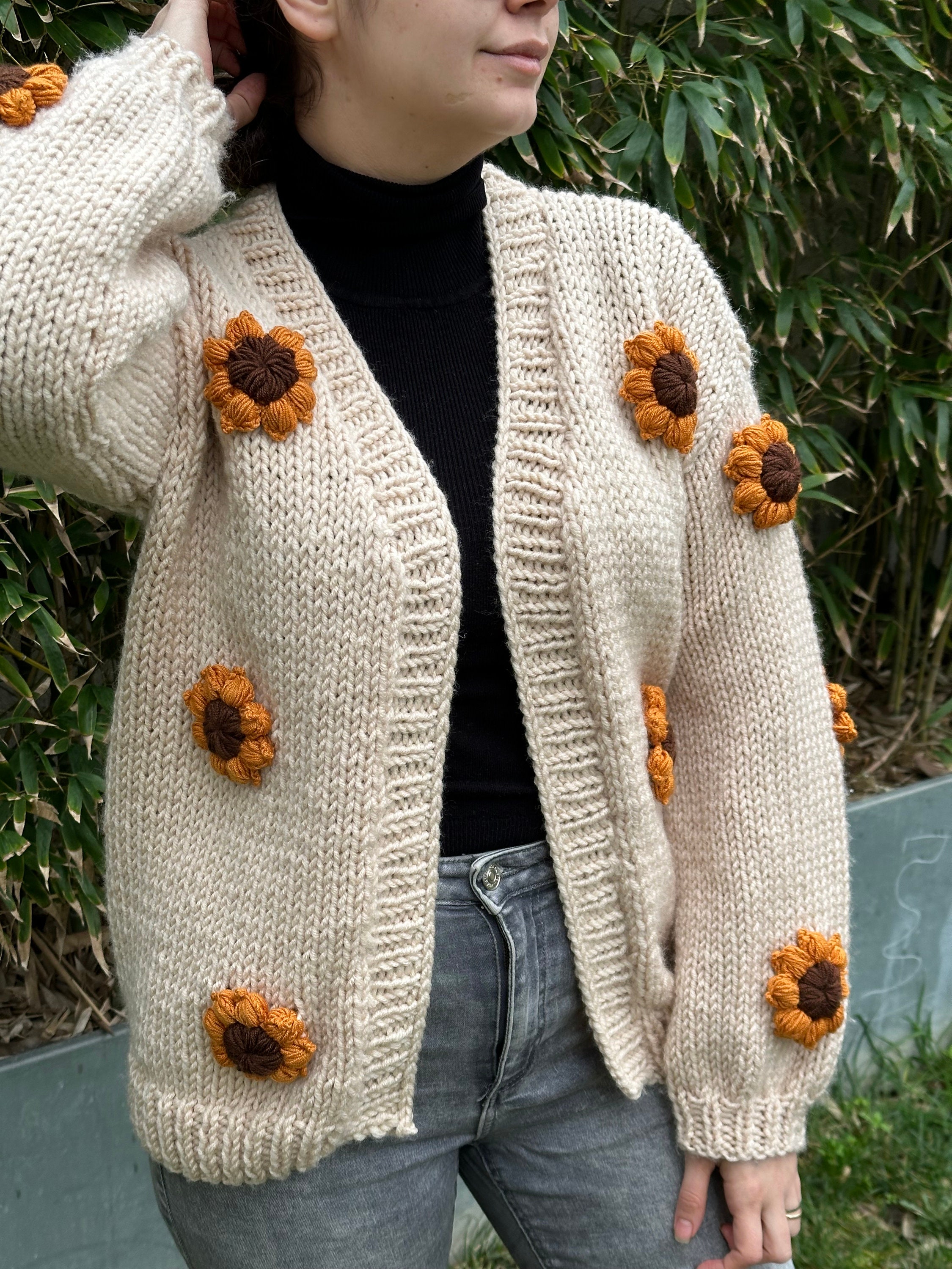Sunflowers Cardigan | Beige Sunflower Sweater | Trend Cardigan