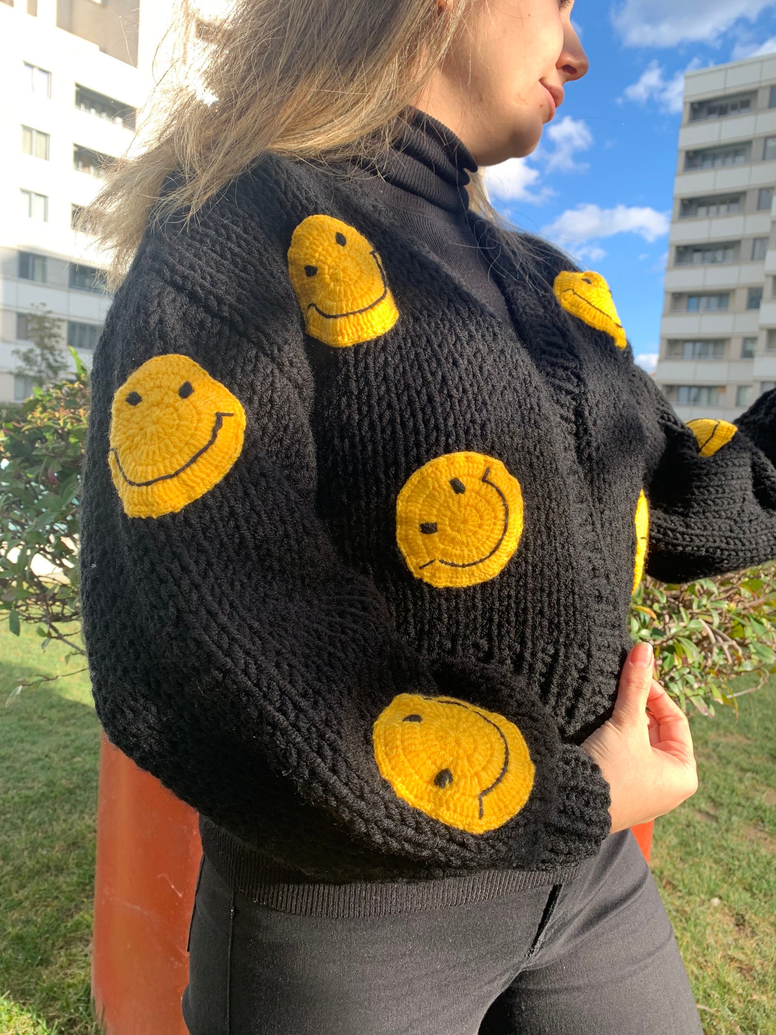 Smiley Face Cardigan Unisex Sweater Smiley Sweater for Everyone Chunky