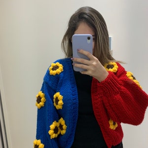 Sunflowers Blue and Red Cardigan | Multicolor Sweater | Blue and Red Sweater | Knitting Cardigan | Handmade | Crochet Sunflowers