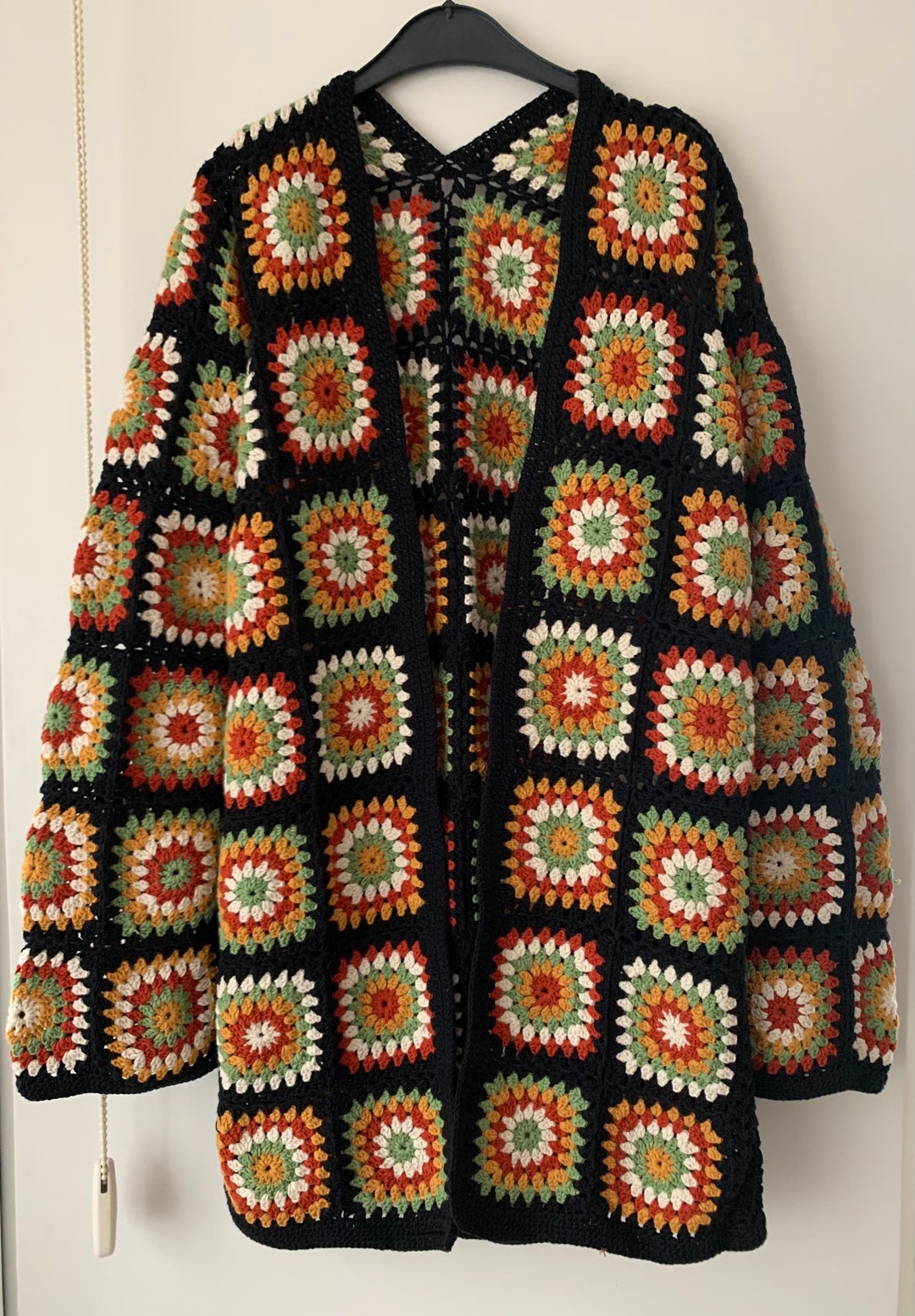 Black Long Granny Square Woman Coat Knitted Crochet Cardigan - Etsy