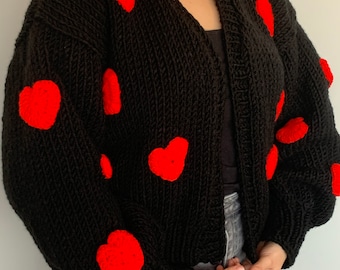 Handmade Heart Cardigan | Crochet Heart | Christmas Gift | Knitting Sweater For Woman | Valentines Gift | Handmade With Love | Black