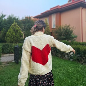 Handmade Heart Cardigan Heart Sweater Cream and Red Cardigan Gift For Her Christmas Gift Idea Valentines Gift image 2