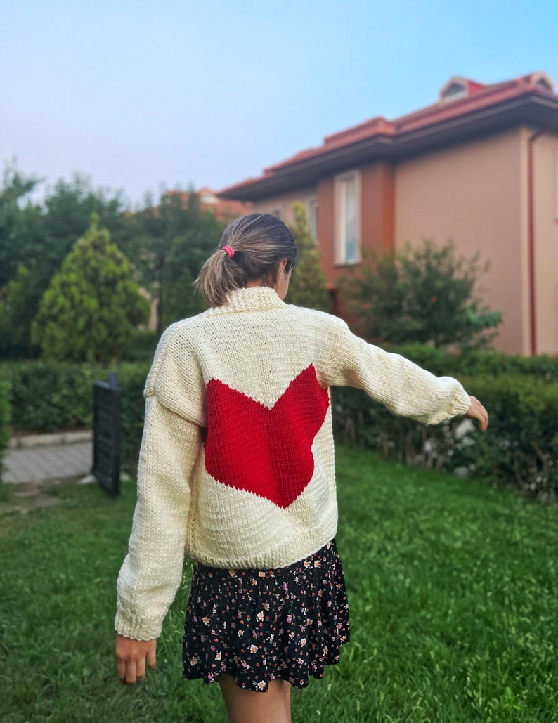 Handmade Heart Cardigan Heart Sweater Cream and Red Cardigan Gift For Her Christmas Gift Idea Valentines Gift image 2