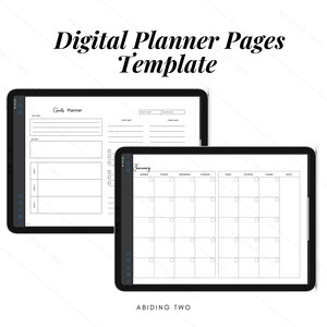 May include: A digital planner template on a tablet screen. The template includes a goals planner page and a monthly calendar page for January. The calendar is divided into two columns, one for each week of the month.