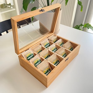 boîte à thé, boîte à thé en bois, boîte à thé en cerisier, organiseur de thé