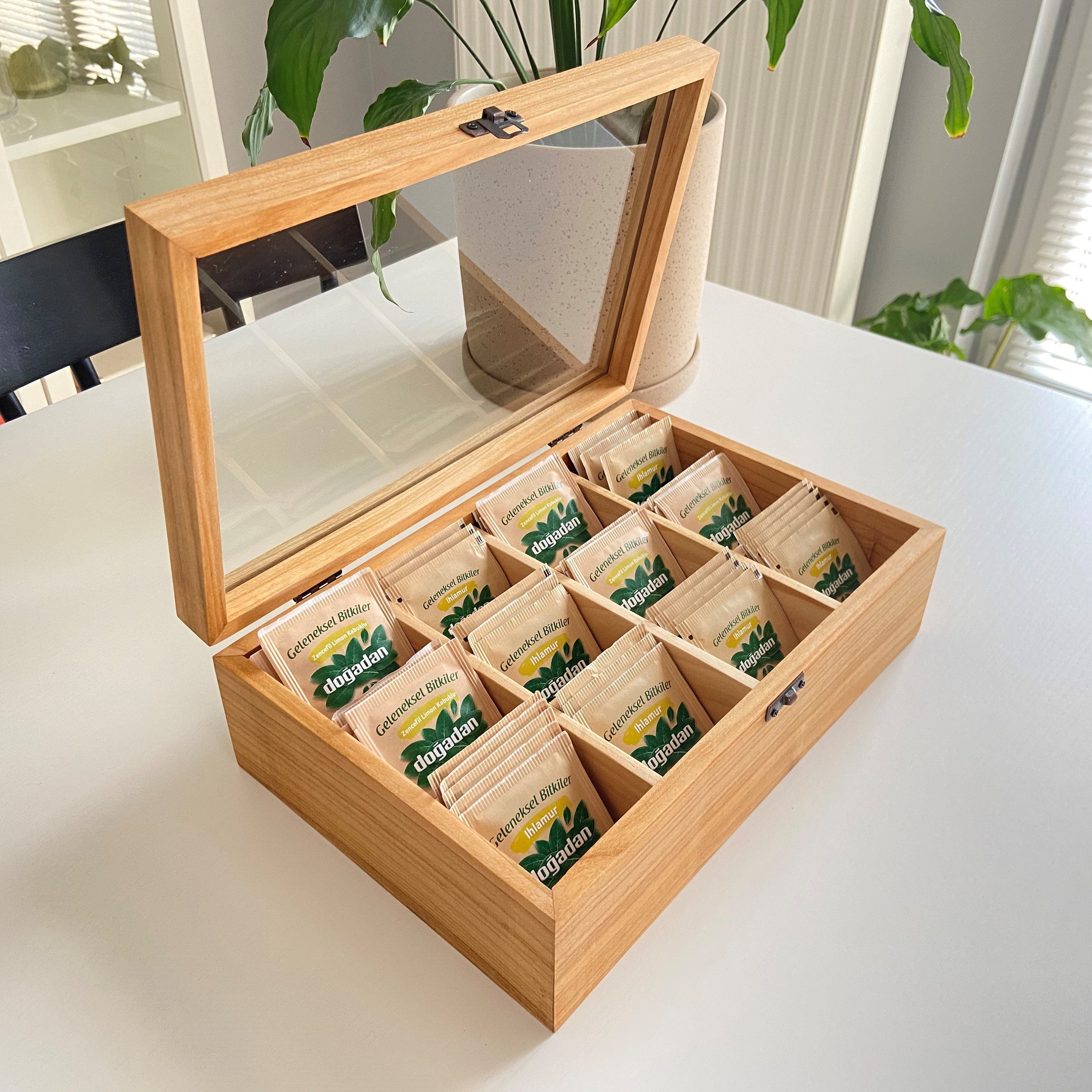 Cherry Wood Tea Box with Glass Top - 12 Compartment Tea Organizer