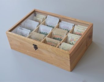Caja de té de nogal con tapa de cristal: organizador multiusos