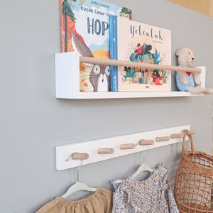 Kids bookshelf and peg rail combo, beech wood bookshelf, floating bookshelf for kids, playroom bookshelf, book shelf, coat rack for kids