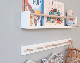 Kinder Bücherregal und Hakenleiste, Buchenholz Bücherregal, schwebendes Bücherregal für Kinder, Spielzimmer Bücherregal, Bücherregal, Garderobe für Kinder