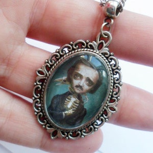 Edgar Allan Poe charm necklace, horror necklace pendant Halloween jewelry for book The Crow, The raven earrings gothic accessories nevermore
