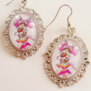 Sailor moon Chibiusa earrings, Sailor Chibi moon dangle earrings custom anime cameo charm choker fan art gift for friend nostalgia jewelry