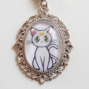 Sailor moon jewelry necklace white cat Artemis dangle earrings custom anime keychain, charm choker fan art gift for friend nostalgia jewelry