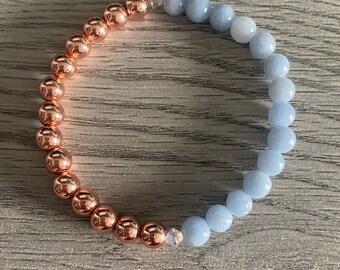 Angelite and Rose gold plated Hematite gemstone mala bracelet, stackable, gifts, unique jewelry