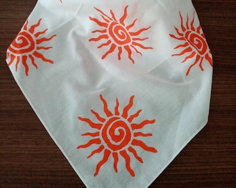 White Sun Print Bandana, Cotton Boho Hair Scarf for Women,