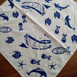 Fish Print Cotton Bandana, Nautical Sea Theme Hair Bandana, Block Print Scarf,