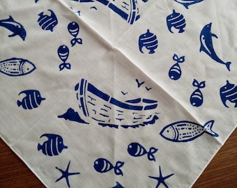 Fish Print Cotton Bandana, Nautical Sea Theme Hair Bandana, Block Print Scarf,