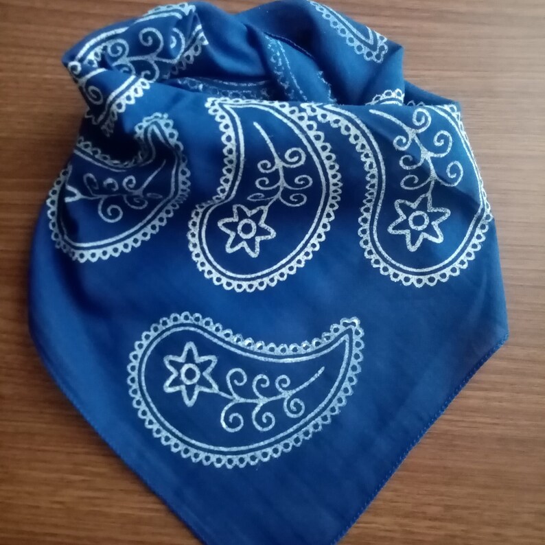 May include: A blue bandana with a white paisley pattern. The bandana is folded in a triangle shape.