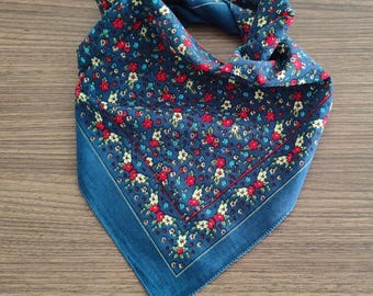 Small Floral Print Bandana, 100% Cotton Handkerchief for Women, Boho Hair Accessory, Navy Blue Flower Square Scarf, Pocket Square,