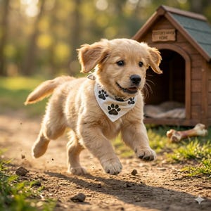 Pode incluir: Um filhote de golden retriever correndo em um caminho de terra, usando uma bandana branca com pegadas pretas. Uma casinha de cachorro de madeira com uma placa que diz "DOSTUN'S HAVEN HOME" est&aacute; ao fundo, com um osso.