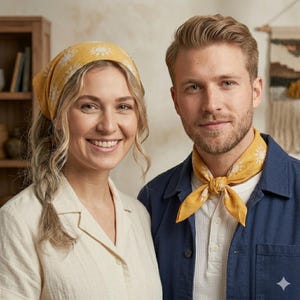 May include: A woman and a man wearing matching yellow bandanas with a white sunburst pattern. The woman wears hers as a headband, and the man wears his around his neck. The woman wears a cream-coloured shirt, and the man wears a blue jacket.