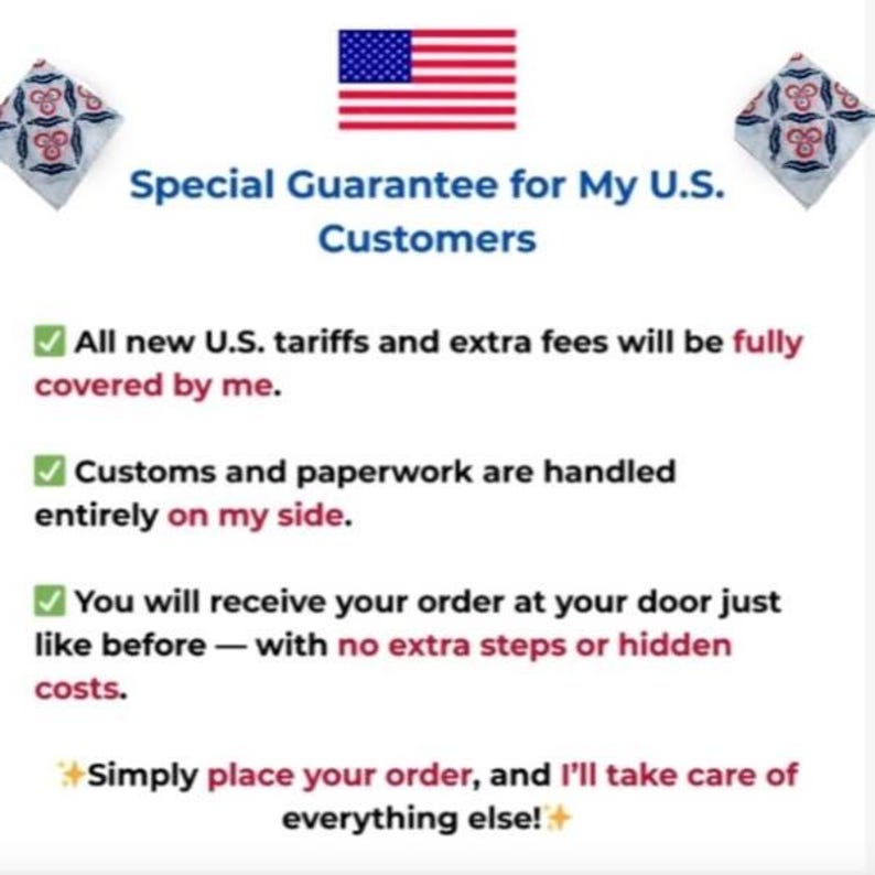 K&ouml;nnte beinhalten: Eine wei&szlig;e Informationsgrafik mit der Flagge der Vereinigten Staaten oben, gefolgt von dem Text Special Guarantee for My U.S. Customers. Sie enth&auml;lt drei gr&uuml;ne H&auml;kchen neben Text, der erkl&auml;rt, dass alle neuen US-Z&ouml;lle und Geb&uuml;hren abgedeckt sind.