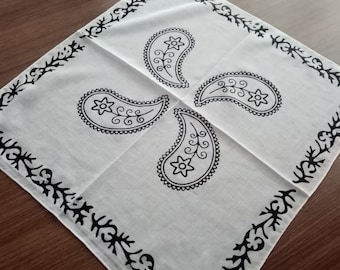 Black white cotton bandana, hair scarf, gift for mum, boho vintage bandanna, unique neck scarf,