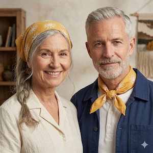 May include: A couple wearing matching yellow bandanas with a white sunburst pattern. The woman wears a yellow bandana as a headscarf, and the man wears his bandana around his neck. The woman wears a cream-coloured shirt, and the man wears a navy blue shirt.