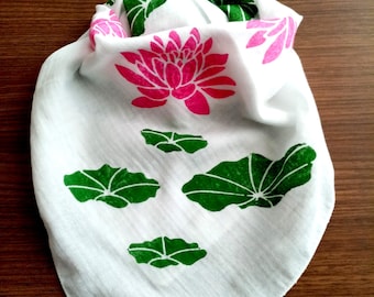 White Cotton Lotus Bandana for Women, Pink Floral Boho Neck Scarf,