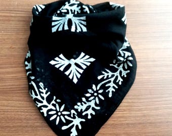 Black boho Neck scarf for women and men, Black small scarf, fall accessories, black white cotton bandana,