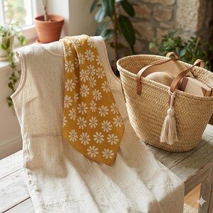 May include: A linen dress with a yellow floral scarf draped over it, next to a woven basket bag with leather handles. The scarf features a daisy pattern. A straw hat and a book are inside the basket. The scene is set on a wooden bench.