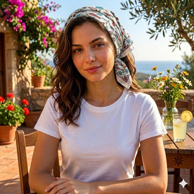 May include: A white short-sleeved t-shirt and a headscarf featuring a multi-colored floral pattern with red, blue, and green botanical motifs on a white background, tied securely around the head with the ends draped to the side.