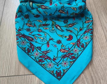 Turkish Iznik Floral Art Cotton Bandana -Screen Printed 22x22 inch Square Scarf - Boho Gypsy Headwrap Neckerchief -Traditional Blue Paisley